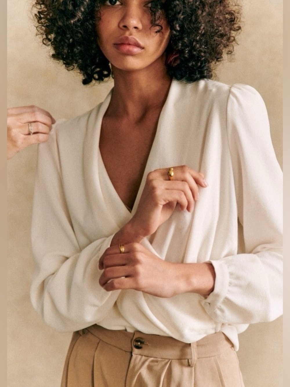 Sézane Abélia Ecru Draped Wrap Blouse - Picture 1 of 14